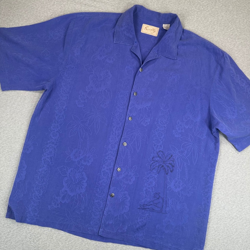 Scully Hawaiian Shirt Mens XL Blue Floral Jacquard Silk Star Button Cowboy